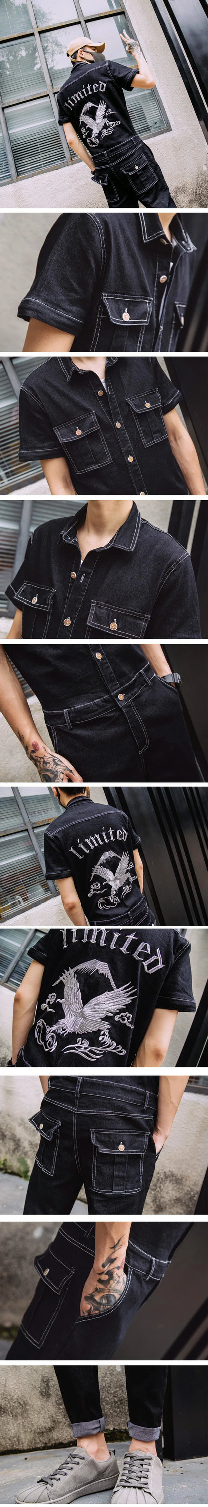 Autumn Embroidery Denim Jumpsuit Mens Fashion Single Breasted Rompers Long Sleeve Pockets Overalls New One-piece Suits Romper Street King Limited