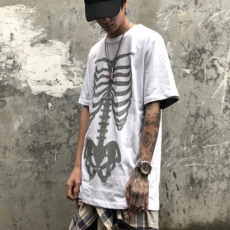 Men's Fashion Reflective Skull Printed T-shirts New Casual Loose Short-sleeved Crew Neck Tees Hip Hop Streetwear Loose Tops Street King Limited