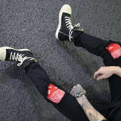 knee patchwork jeans for men hip hop skinny biker taped jean trousers slim fit black denim pants fashion streetwear jogger urban active pants