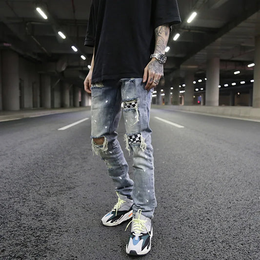 high street fashion destroyed jeans mens knee hole patchwork plaid ripped slim biker jeans new hip hop zipper pants joggers streetwear sweatpants