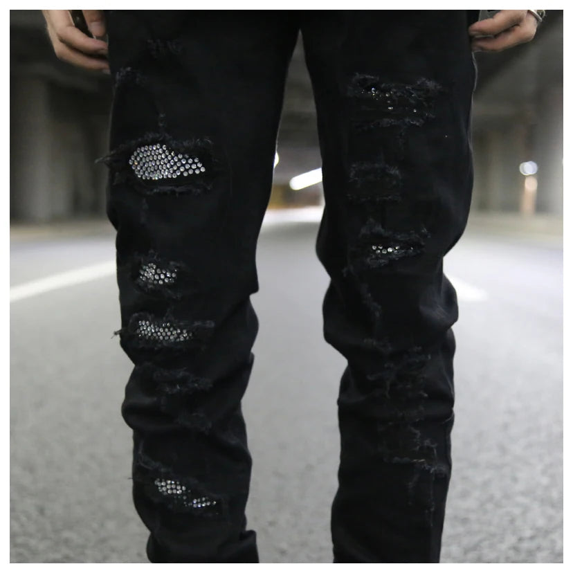 graffiti printed ripped destroied denim jean mens distressed biker jeans with sequins 2018 fashion high street slim pants jogger unique joggers style 2335