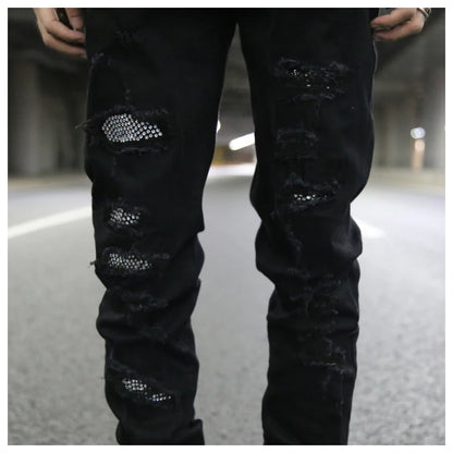graffiti printed ripped destroied denim jean mens distressed biker jeans with sequins 2018 fashion high street slim pants jogger unique joggers style 2335