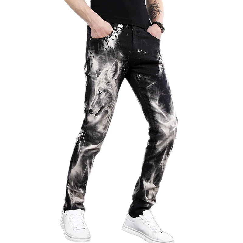 mens fashion wolf printed denim jeans new spring summer slim black painted straight pants cool streetwear male long trousers stacked flare jeans
