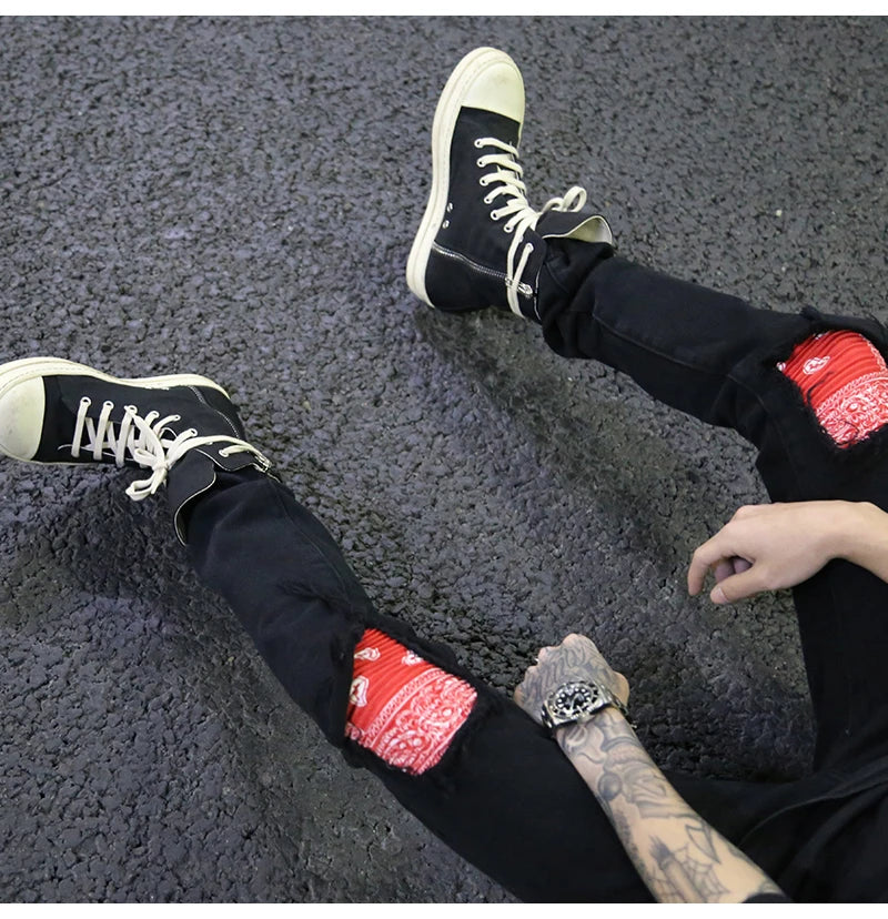 knee patchwork jeans for men hip hop skinny biker taped jean trousers slim fit black denim pants fashion streetwear jogger unique joggers style 5425