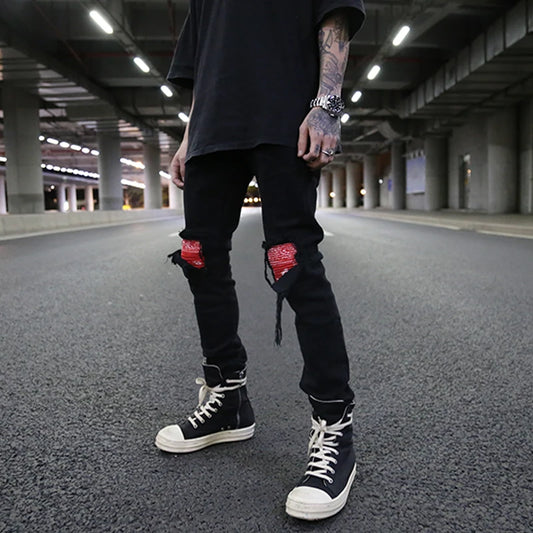 knee patchwork jeans for men hip hop skinny biker taped jean trousers slim fit black denim pants fashion streetwear jogger streetwear sweatpants