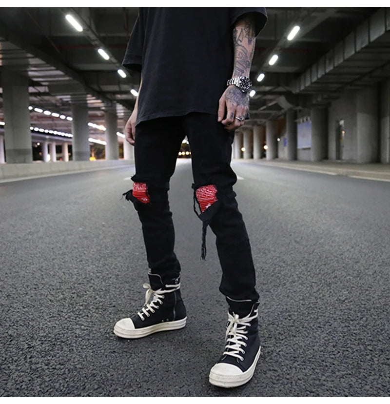 knee patchwork jeans for men hip hop skinny biker taped jean trousers slim fit black denim pants fashion streetwear jogger unique joggers style 5426