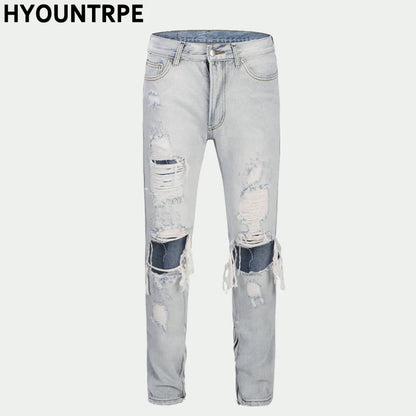 bottom zipper knee holes denim jeans destroyed ripped slim mens biker jeans new men fashion streetwear hip hop pants joggers unique joggers style 2382