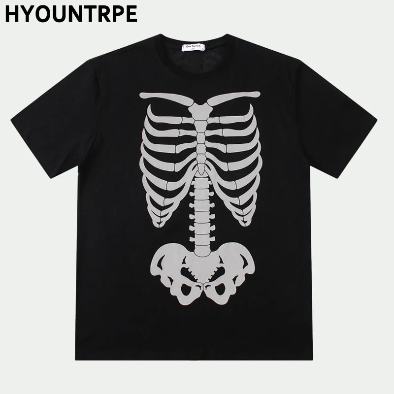 Men's Fashion Reflective Skull Printed T-shirts New Casual Loose Short-sleeved Crew Neck Tees Hip Hop Streetwear Loose Tops Street King Limited
