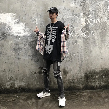 Men's Fashion Reflective Skull Printed T-shirts New Casual Loose Short-sleeved Crew Neck Tees Hip Hop Streetwear Loose Tops Street King Limited