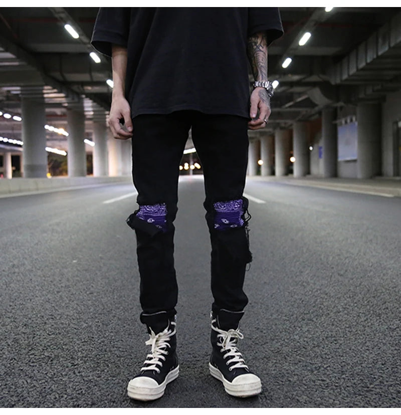 knee patchwork jeans for men hip hop skinny biker taped jean trousers slim fit black denim pants fashion streetwear jogger unique joggers style 5429