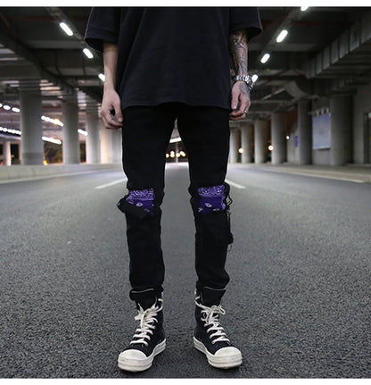 knee patchwork jeans for men hip hop skinny biker taped jean trousers slim fit black denim pants fashion streetwear jogger unique joggers style 5429