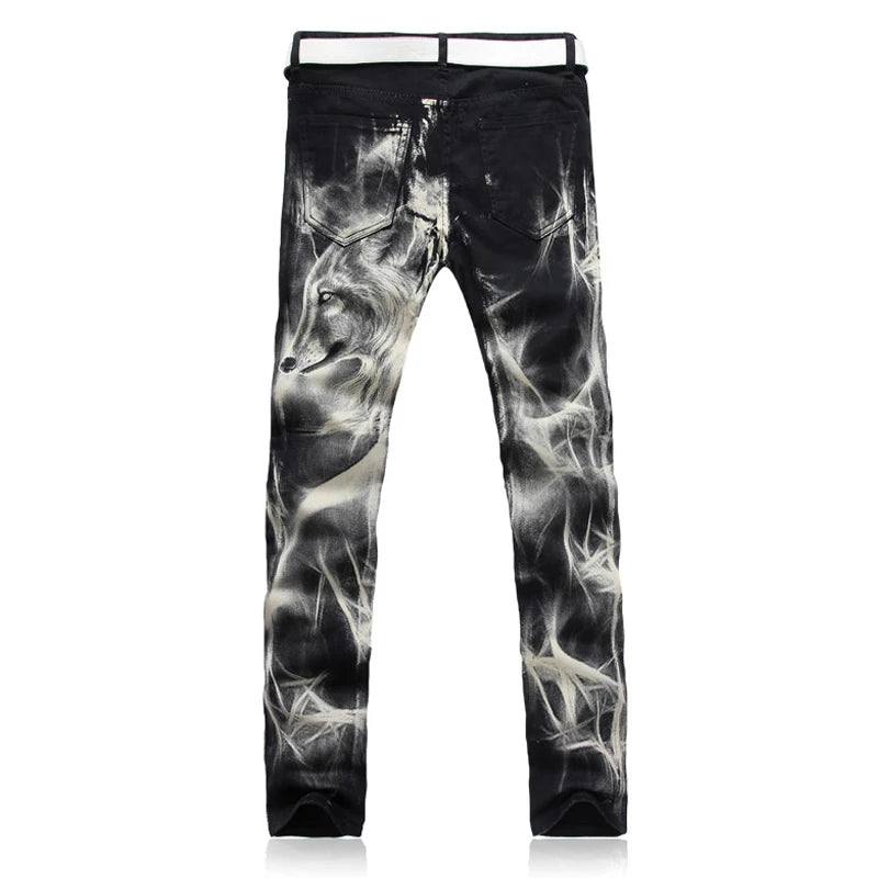 mens fashion wolf printed denim jeans new spring summer slim black painted straight pants cool streetwear male long trousers unique jeans style 571