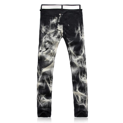 mens fashion wolf printed denim jeans new spring summer slim black painted straight pants cool streetwear male long trousers unique jeans style 571