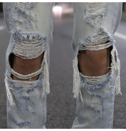 bottom zipper knee holes denim jeans destroyed ripped slim mens biker jeans new men fashion streetwear hip hop pants joggers unique joggers style 2397