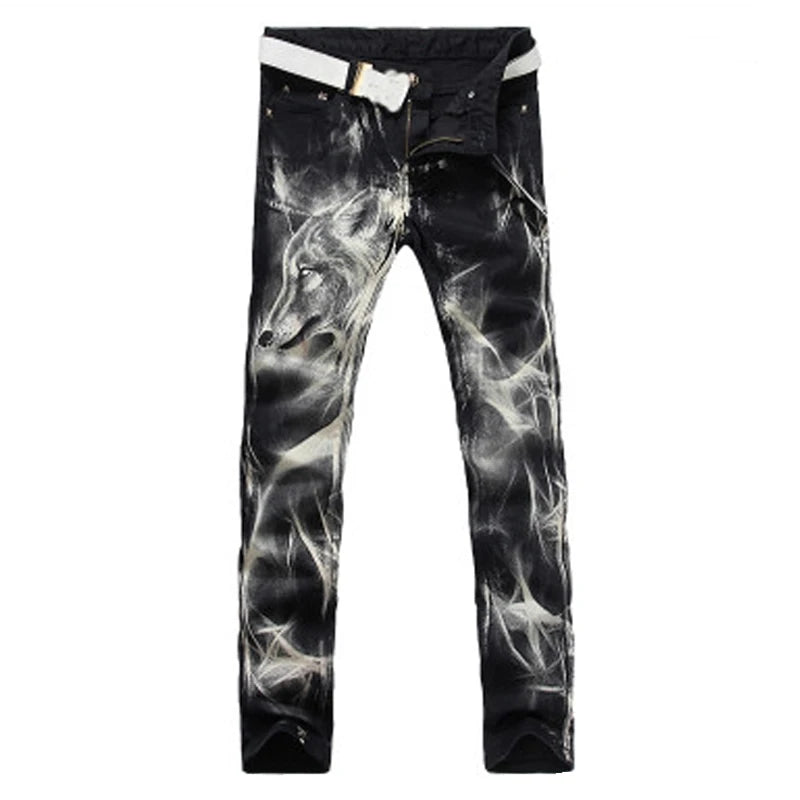 mens fashion wolf printed denim jeans new spring summer slim black painted straight pants cool streetwear male long trousers unique jeans style 570