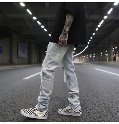 bottom zipper knee holes denim jeans destroyed ripped slim mens biker jeans new men fashion streetwear hip hop pants joggers unique joggers style 2393