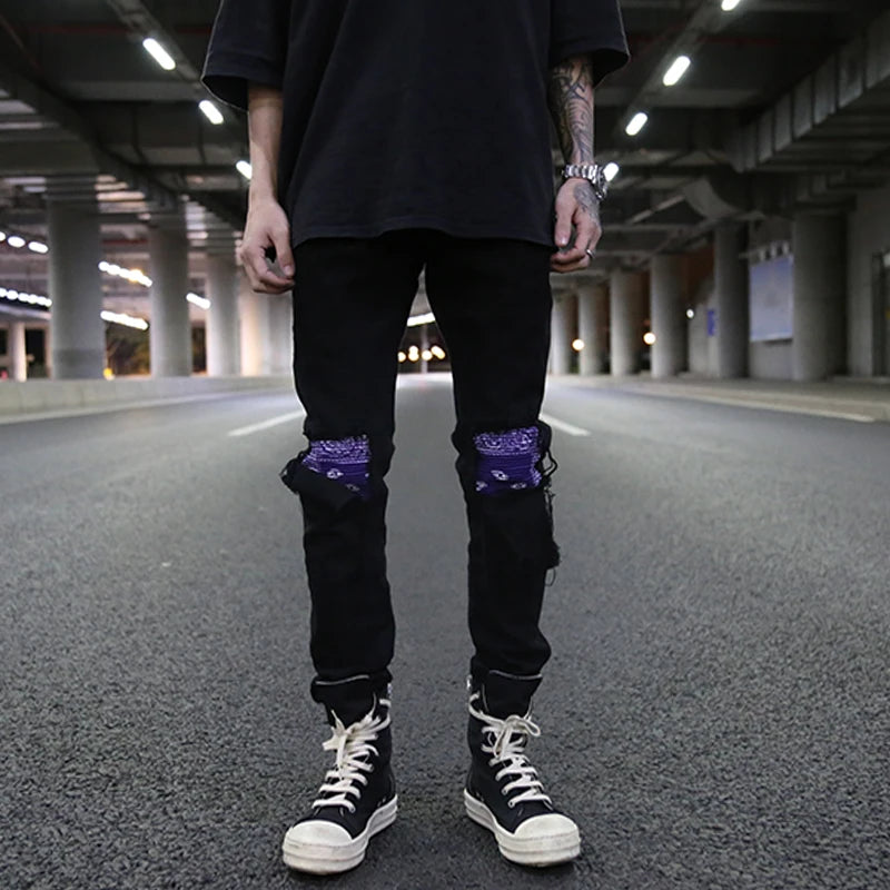 knee patchwork jeans for men hip hop skinny biker taped jean trousers slim fit black denim pants fashion streetwear jogger relaxed fit joggers