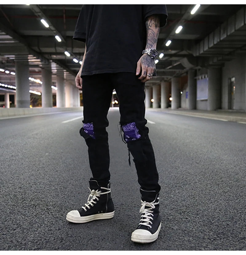 knee patchwork jeans for men hip hop skinny biker taped jean trousers slim fit black denim pants fashion streetwear jogger unique joggers style 5431
