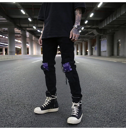 knee patchwork jeans for men hip hop skinny biker taped jean trousers slim fit black denim pants fashion streetwear jogger unique joggers style 5431