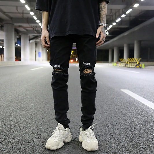 embroidery knee ripped hole jeans for men hip hop skinny biker destroyed taped jeans slim fit black denim pants 2018 new jogger urban active pants