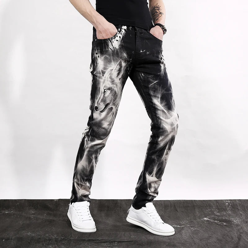 mens fashion wolf printed denim jeans new spring summer slim black painted straight pants cool streetwear male long trousers unique jeans style 568
