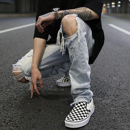 bottom zipper knee holes denim jeans destroyed ripped slim mens biker jeans new men fashion streetwear hip hop pants joggers relaxed fit joggers