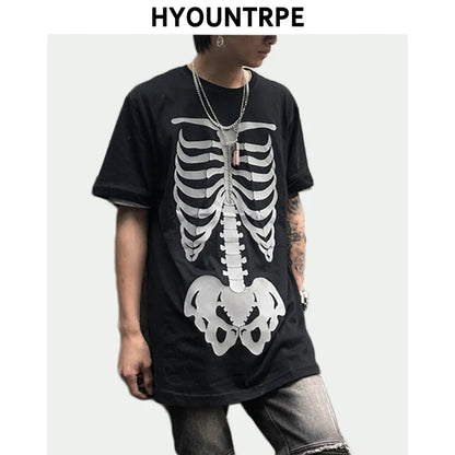 Men's Fashion Reflective Skull Printed T-shirts New Casual Loose Short-sleeved Crew Neck Tees Hip Hop Streetwear Loose Tops Street King Limited