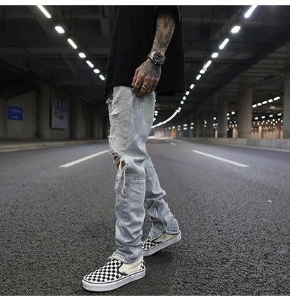 bottom zipper knee holes denim jeans destroyed ripped slim mens biker jeans new men fashion streetwear hip hop pants joggers unique joggers style 2394