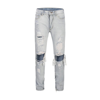 bottom zipper knee holes denim jeans destroyed ripped slim mens biker jeans new men fashion streetwear hip hop pants joggers unique joggers style 2399