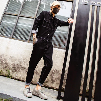 Autumn Embroidery Denim Jumpsuit Mens Fashion Single Breasted Rompers Long Sleeve Pockets Overalls New One-piece Suits Romper Street King Limited