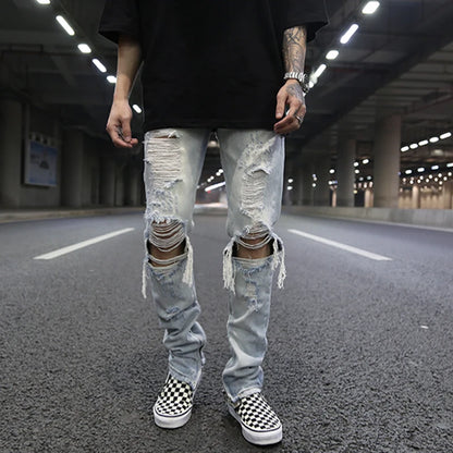 bottom zipper knee holes denim jeans destroyed ripped slim mens biker jeans new men fashion streetwear hip hop pants joggers streetwear sweatpants