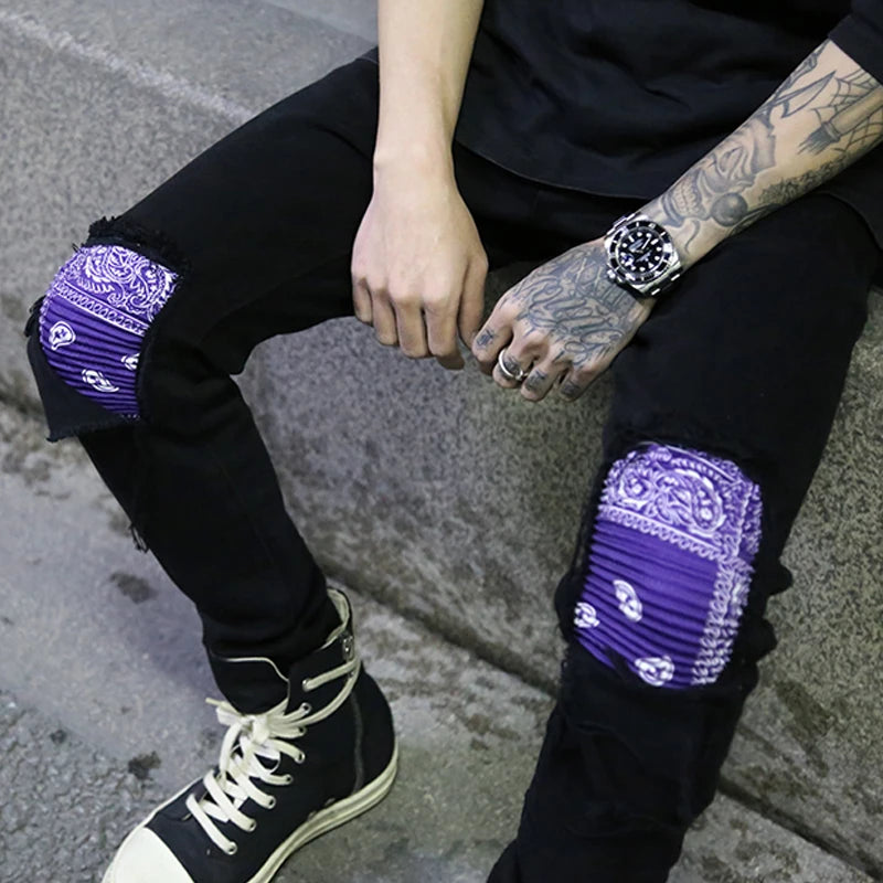 knee patchwork jeans for men hip hop skinny biker taped jean trousers slim fit black denim pants fashion streetwear jogger sporty tapered joggers