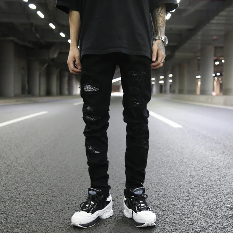 graffiti printed ripped destroied denim jean mens distressed biker jeans with sequins 2018 fashion high street slim pants jogger sporty tapered joggers