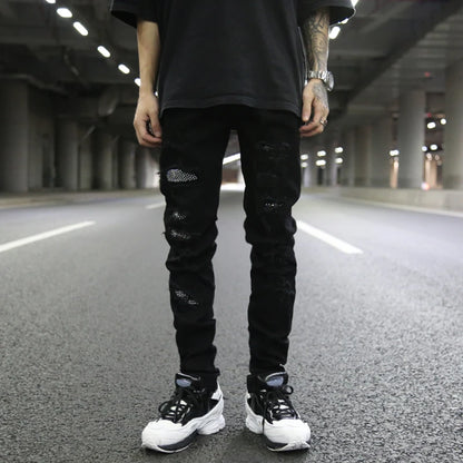 graffiti printed ripped destroied denim jean mens distressed biker jeans with sequins 2018 fashion high street slim pants jogger sporty tapered joggers