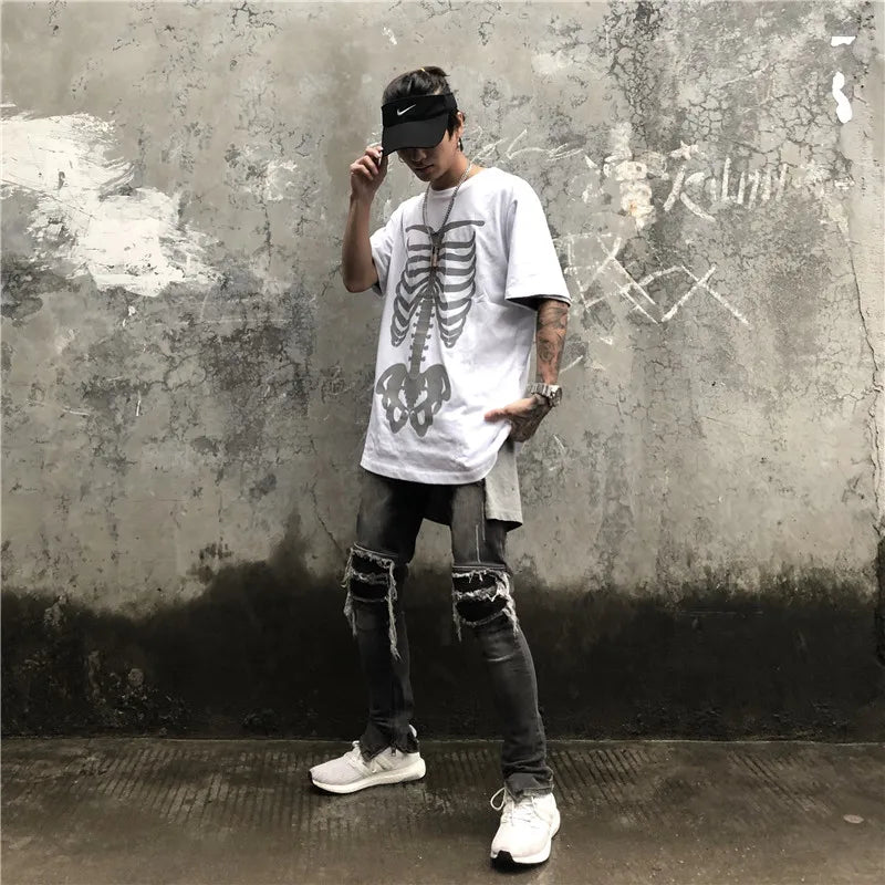 Men's Fashion Reflective Skull Printed T-shirts New Casual Loose Short-sleeved Crew Neck Tees Hip Hop Streetwear Loose Tops Street King Limited