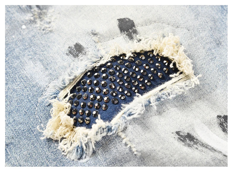 graffiti printed ripped destroied denim jean mens distressed biker jeans with sequins 2018 fashion high street slim pants jogger unique joggers style 2347