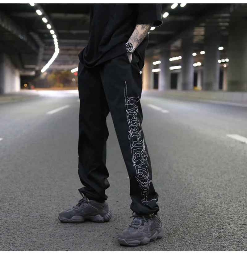 hip hop loose fit elastic waist pants fashion embroidery ankle pants mens 2019 new spring summer casual sportwear pants joggers unique joggers style 1098