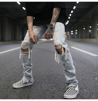 bottom zipper knee holes denim jeans destroyed ripped slim mens biker jeans new men fashion streetwear hip hop pants joggers unique joggers style 2392