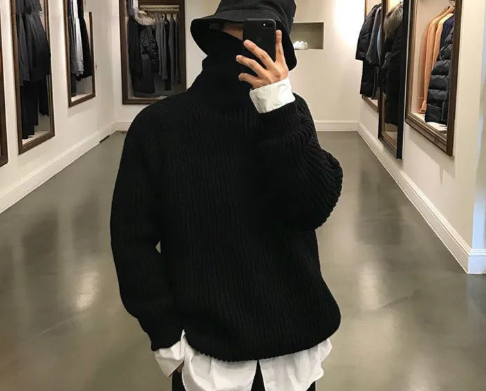 Male Sweater Basic Pullover 2018 Autumn Winter High Neck Casual Solid Color Warm Sweater Women Men Fashion Street Loose Sweaters Street King Limited