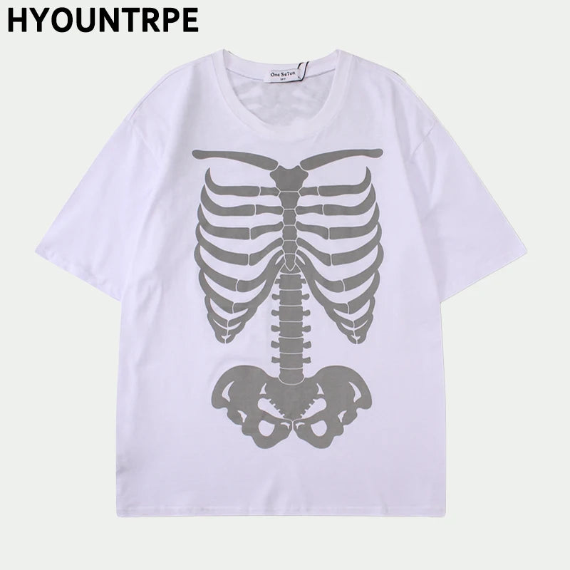 Men's Fashion Reflective Skull Printed T-shirts New Casual Loose Short-sleeved Crew Neck Tees Hip Hop Streetwear Loose Tops Street King Limited