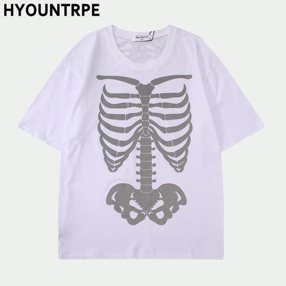 Men's Fashion Reflective Skull Printed T-shirts New Casual Loose Short-sleeved Crew Neck Tees Hip Hop Streetwear Loose Tops Street King Limited