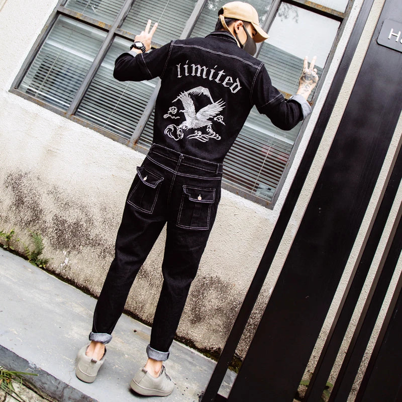 Autumn Embroidery Denim Jumpsuit Mens Fashion Single Breasted Rompers Long Sleeve Pockets Overalls New One-piece Suits Romper Street King Limited