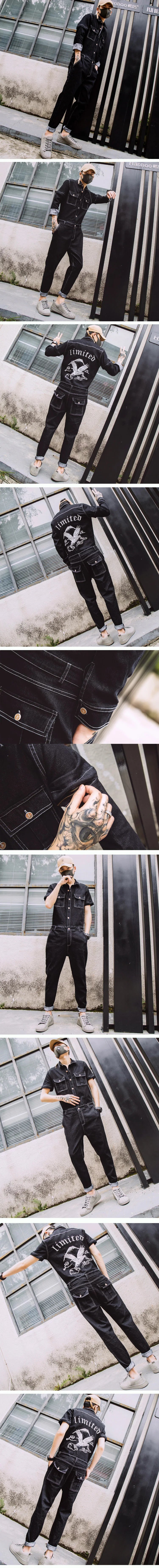 Autumn Embroidery Denim Jumpsuit Mens Fashion Single Breasted Rompers Long Sleeve Pockets Overalls New One-piece Suits Romper Street King Limited