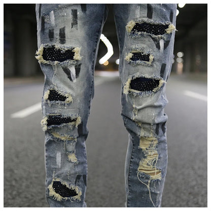graffiti printed ripped destroied denim jean mens distressed biker jeans with sequins 2018 fashion high street slim pants jogger unique joggers style 2330