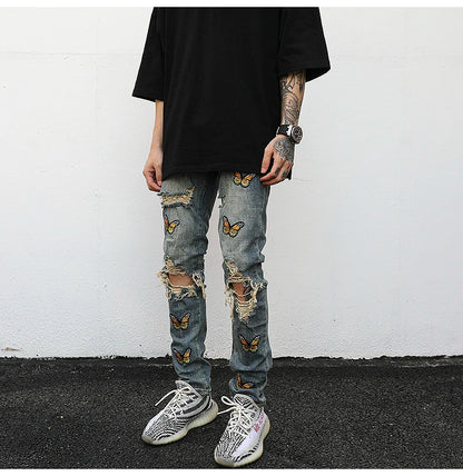 high street butterfly embroidery knee ripped hole jeans mens casual hip hop distressed jeans slim fit skinny denim pants joggers unique joggers style 871