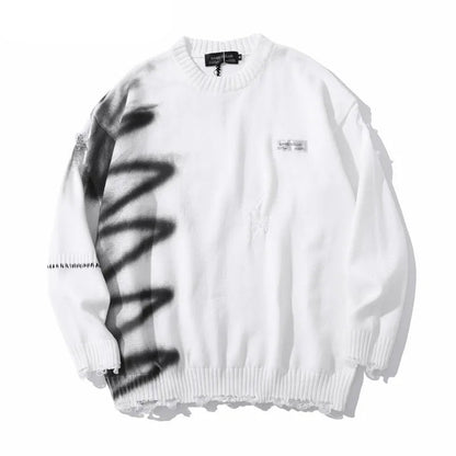 Mens Hip Hop Destroy Ripped Holes Streetwear Graffiti Harajuku Sweater Vintage Retro Knitted Sweater New Casual Cotton Pullover Street King Limited