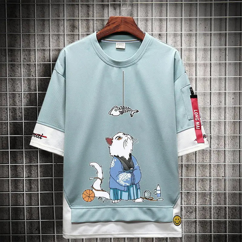 Hip Hop Kahaki T Shirt Short Sleeve Kawaii Harajuku Cat T Shirts Fashion Tee Streetwear Japan High Street Shirt Men 2021 Tops Street King Limited