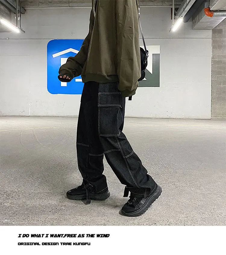 men jeans wide leg denim pants loose straight baggy mens jeans hip hop streetwear skateboard neutral denim trousers cargo jeans unique cargo style 2476