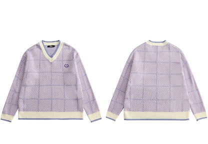 Men Hip Hop Knitted Sweater Streetwear Embroidery Heart Plaid Pullover 2023 Autumn Harajuku Cotton Casual Pullover Sweater Blue Street King Limited