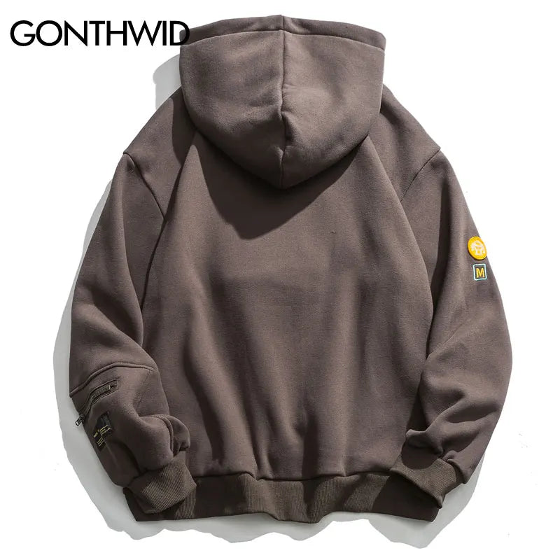 GONTHWID Hoodies Streetwear Hip Hop Zipper Pocket Smile Face Patchwork Hooded Sweatshirts Harajuku Hip Hop Casual Pullover Tops Street King Limited